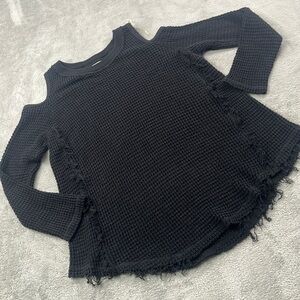 Stargaze S Cotton Black Cold Shoulder Knit Fray, Long Sleeve Long‎ Line Sweater